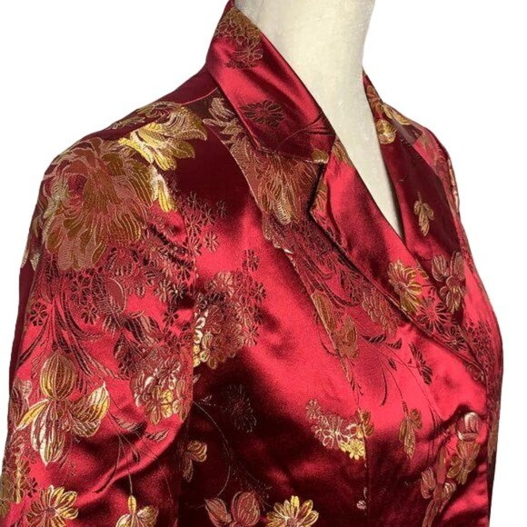 Newport News Asian Inspired Jacquard Blazer 4 Red Gold Buttons 3/4 Sleeve NEW - Picture 3 of 6